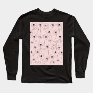 Poppies Line Art Flowers Pattern On Pink Long Sleeve T-Shirt